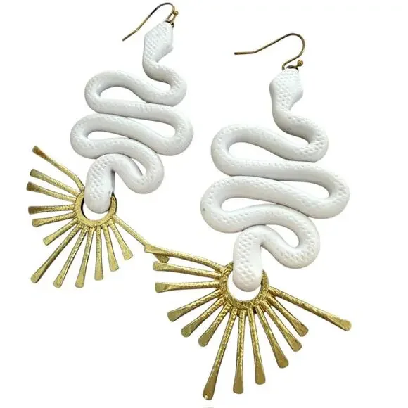White Gold Polymer Snake Serpent Statement Earrings artisan handmade Boho - Picture 2 of 5